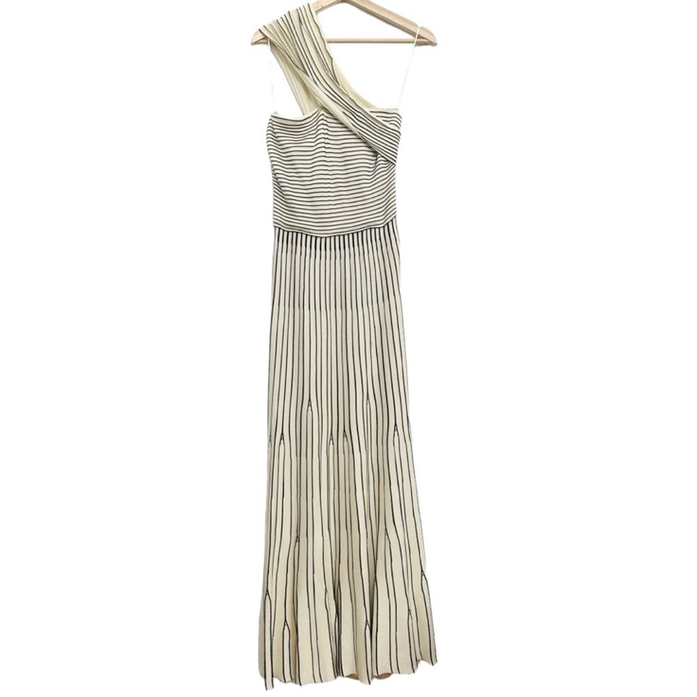 NWT ST. JOHN Striped Ottoman Pleated One Shoulder Gown Cream/Black Size 4 - Picture 7 of 17